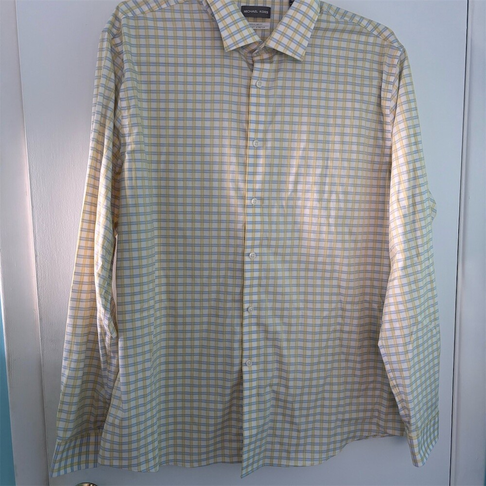 Michael Kors Yellow and Light Blue Plaid Dress Shirt
